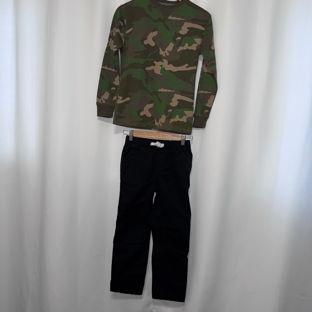 Faded Glory Boys Camo Thermal Shirt and Black Pants 2pc Set Size L 10-12 Green